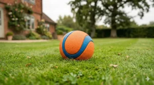 A high-visibility orange Chuckit Ultra Ball sitting in the green grass of a garden with a traditional brick house in the background.