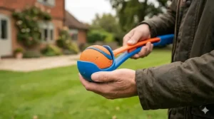 A person in a waxed field jacket loading a Chuckit Ultra Ball into a blue and orange ball launcher in a garden.