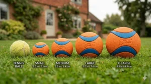 A size guide showing Small, Medium, Large, and X-Large Chuckit Ultra Balls next to a standard fuzzy tennis ball for scale.