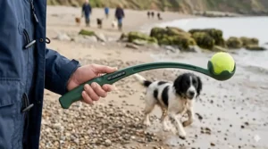Close-up of a person holding a green ball launcher with a tennis ball ready for a dog on a British pebble beach.