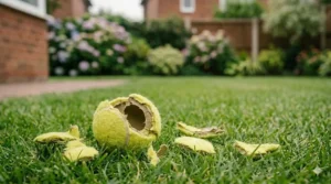 A hollow dog ball that has split into small jagged fragments on the grass, highlighting the potential choking hazards of non-solid toys.