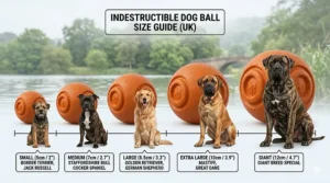 A size guide for indestructible dog balls featuring British breeds like the Border Terrier, Staffordshire Bull Terrier, and Mastiff.