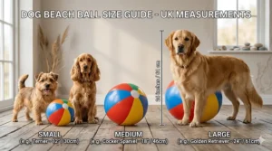 A UK size guide showing small, medium, and large beach balls next to a Terrier, Cocker Spaniel, and Golden Retriever with measurements in centimetres.