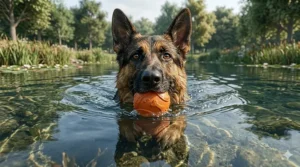 A happy German Shepherd swimming in a pond with an indestructible rubber ball in its mouth, perfect for outdoor play at the park.