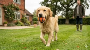 A Golden Retriever trotting across a garden with a Chuckit Ultra Ball, with its owner standing in the background wearing wellies.