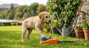 A photorealistic, high-detail illustration of a yellow Labrador puppy stepping on the pedal of a durable dog water fountain toy in a lush British garden, creating a playful spray of water.