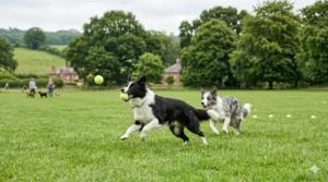 Two Border Collies chasing tennis balls across a lush green park in the UK during a game of fetch.