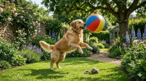 A Golden Retriever jumping to catch a colourful beach ball in a lush green English back garden with a stone wall and flowers.