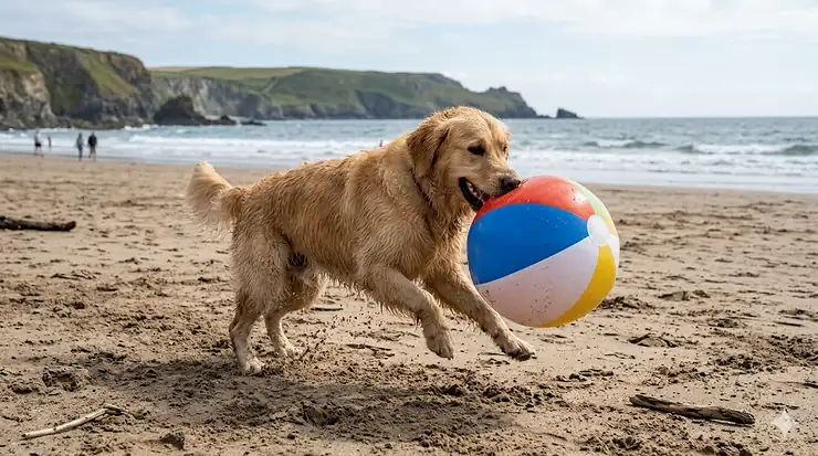 A happy Golden Retriever playing with a large, puncture-resistant beach ball on a sandy British beach with coastal cliffs in the background. beach balls for dogs