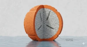 A detailed 4K cross-section illustration of a non-toxic rubber dog ball revealing the lightweight, buoyant foam interior.
