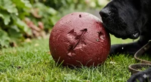 A heavy-duty large rubber ball for big dogs designed to withstand aggressive chewing.