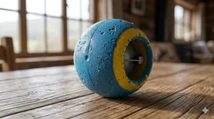 A conceptual illustration showing a pristine indestructible squeaky ball next to a calendar, representing weeks of heavy play.