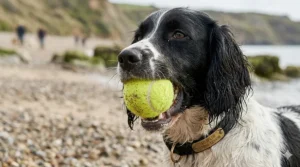 A high-detail close-up of a Springer Spaniel holding a durable, pet-safe tennis ball in its mouth at the coast.