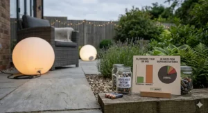 An infographic showing the reduction in landfill waste when choosing rechargeable garden lights over single-use batteries.
