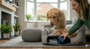 A dog playing with a quiet ball on a rug while a family watches TV in a dimly lit British lounge.