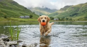 A Labrador Retriever swimming in a Lake District lake to retrieve a floating orange ball against a backdrop of green fells.