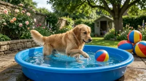 A dog playing with a colourful floating beach ball in a blue paddling pool within a sunny British garden.