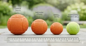 Size guide showing small, medium, and large orange dog balls next to a standard tennis ball for scale on a stone patio.