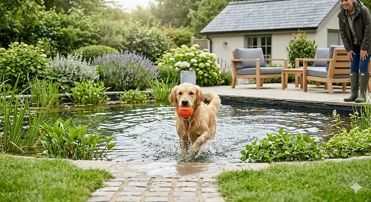 A Golden Retriever jumping into a garden pond to fetch a bright orange floating dog ball, splashing water in a sunny British garden with a slate-roofed outbuilding. floating dog balls