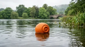 A bright orange waterproof dog ball floating on the surface of a calm British lake with a stone bridge in the background.