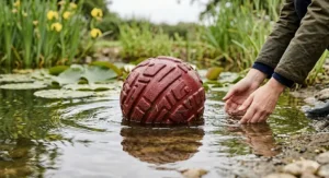 A waterproof large rubber ball for big dogs floating in a pond during a summer walk.