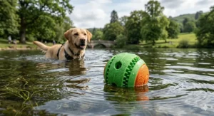 A textured green and orange floating squeaky ball in a river with a Labrador swimming in the background near a stone bridge.