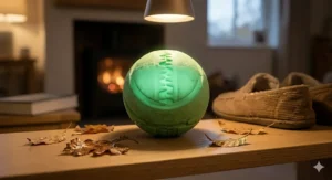 A fluorescent dog ball sitting under a bright indoor lamp to charge its glow before a night-time walk.