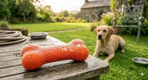 A macro photograph of an orange, bone-shaped freezable soaker toy covered in frost and condensation on a weathered garden table, with a yellow Labrador waiting in the background.