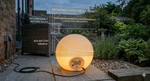 A visual comparison showing the consistent brightness of a rechargeable glow ball versus the fading light of a battery-powered unit.