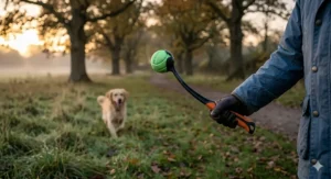 A glow in the dark dog ball being used with a ball thrower in a local UK park during twilight.