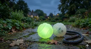 Two glow-in-the-dark squeaky balls illuminating a stone garden path during a twilight walk in the UK.