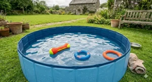 A detailed 4K photograph of a large, durable dog paddling pool set on a British lawn, filled with various floating toys including a dummy and a Union Jack rope ring.
