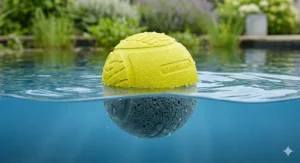 Close-up of a high-visibility yellow dog ball floating on water, with a submerged view showing the dense internal foam core for buoyancy.