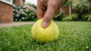A hand compressing a hollow dog ball to demonstrate the lightweight give and soft impact suitable for older dogs or gentle fetch.