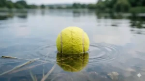 A bright yellow hollow dog ball floating buoyantly on the surface of a lake, showing why lightweight balls are preferred for water retrieval.