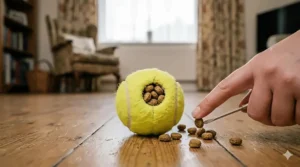 A hollow rubber ball with a centre cavity being filled with kibble to provide mental stimulation and interactive play for pets.