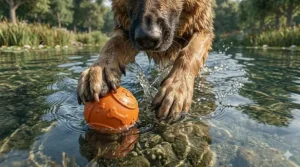 A wet German Shepherd at the edge of a pond reaching for a floating rubber ball, showcasing the toy's high-visibility and size.