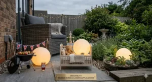 A montage showing a rechargeable glow ball used as a nursery nightlight and as festive lighting for a British summer BBQ.