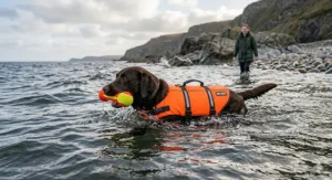 A photorealistic photograph of a chocolate Labrador swimming in choppy British coastal waters wearing a bright orange life jacket and carrying a floating dummy toy.
