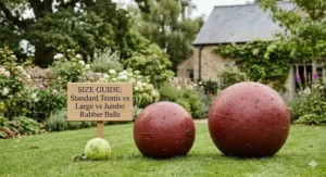 A size comparison of a large rubber ball for big dogs next to a standard tennis ball for scale.