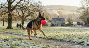 A large dog running with a solid rubber ball, showing a high-visibility colour for UK winter walks.
