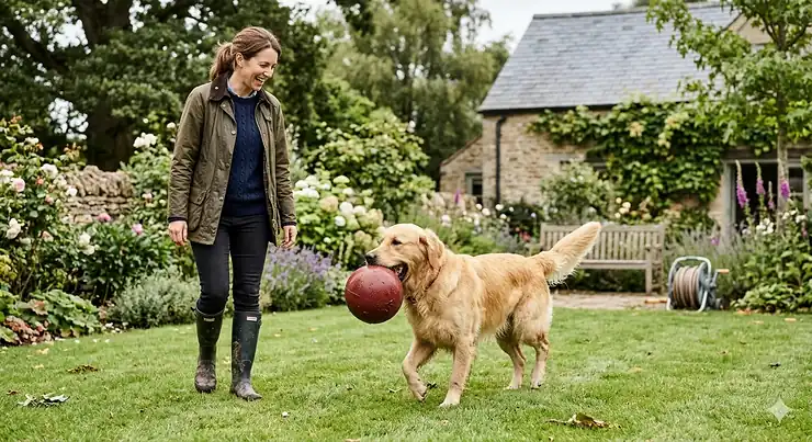 A large rubber ball for big dogs being chased by a Golden Retriever across a green lawn in a UK garden. large rubber ball for big dogs