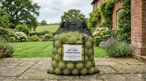 A large black mesh storage bag filled with 50 non-toxic tennis balls for dogs, placed on a stone patio.