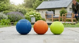 A set of three floating dog balls in vibrant blue, orange, and lime green colours on a light grey stone patio.