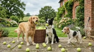 A Golden Retriever, Border Collie, and Terrier sitting together in a garden, each with a tennis ball from a bulk supply.