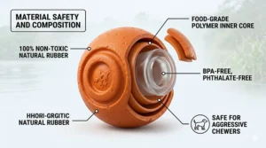A technical cross-section illustration showing the non-toxic, BPA-free natural rubber layers of a safe dog ball for aggressive chewers.