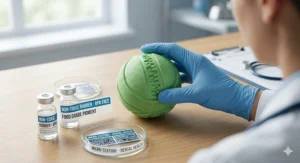 An infographic detailing the BPA-free and non-toxic materials used in glow in the dark dog balls.