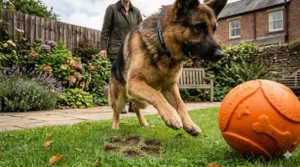 A bright orange, non-toxic natural rubber dog toy floating in a clear pond, highlighting its waterproof features.