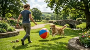 A woman in a park playing with her dog using a lightweight beach ball, featuring a traditional stone bridge in the background.
