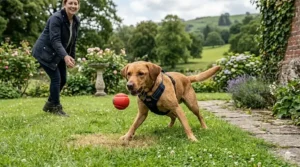 A woman in a navy waxed jacket playing fetch with her dog using a red squeaky ball in a lush green UK back garden.